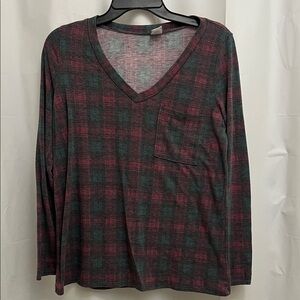 Plaid V-Neck Long Sleeve Top with pocket red-green